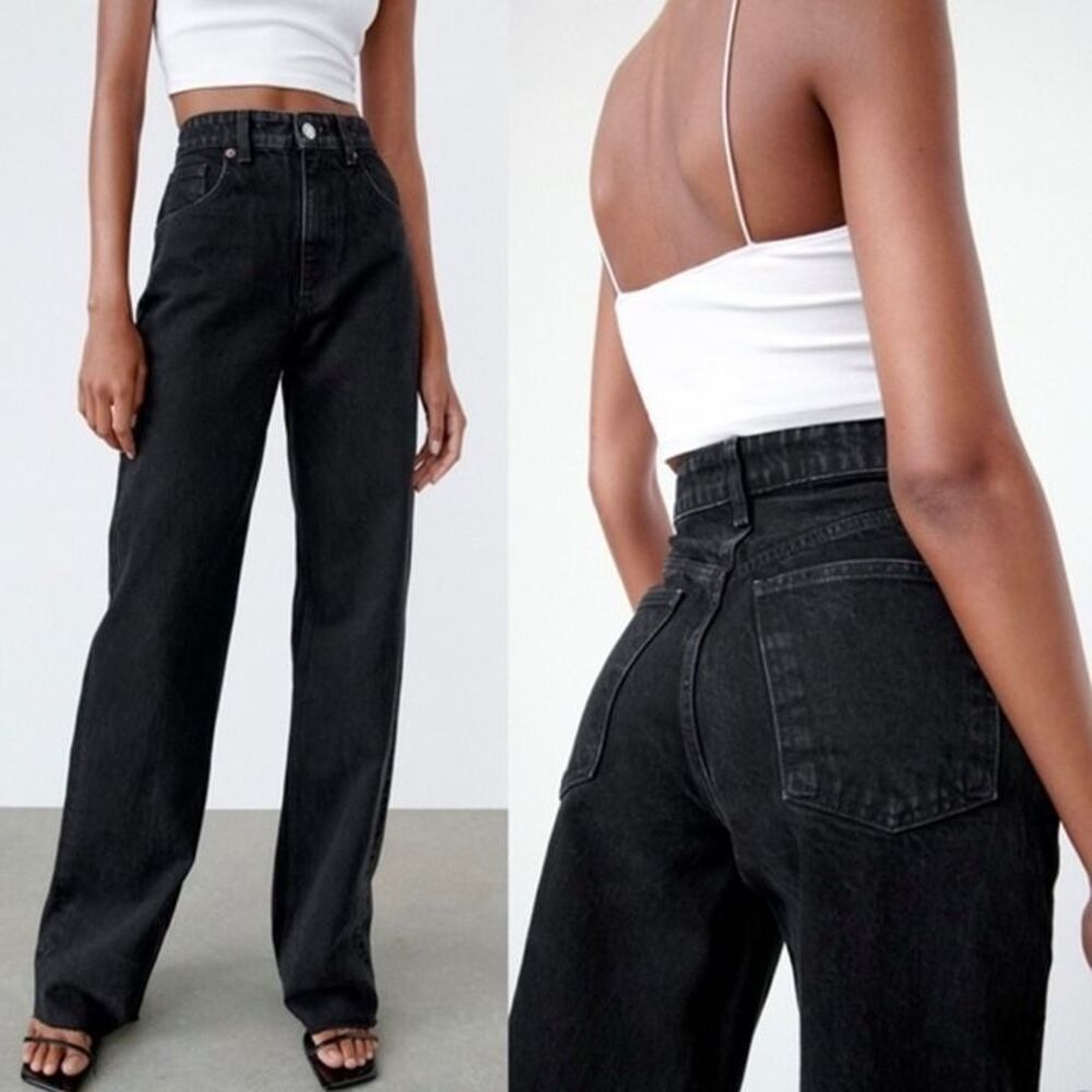 Zara The Marine High Rise Washed Black Wide Leg Full Length Jeans Size 8 - Picture 2 of 10